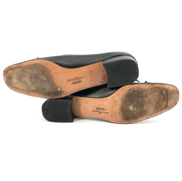 Ferragamo Black Leather Reptile Embossed Cap Toe‎ Bow Front Low Pump Size 10 4A - Picture 7 of 8